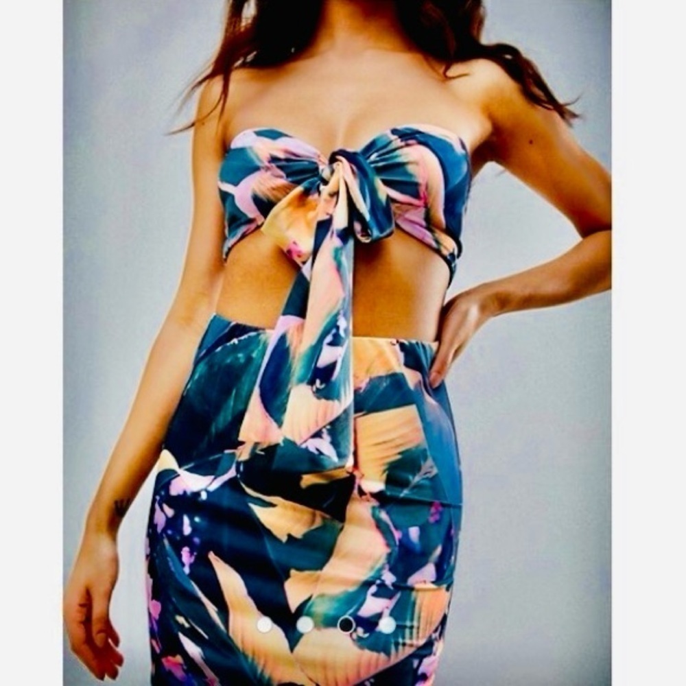 ASOS Bandeau Tropical Midi Dress Size 4 Tie Front Cut Out Summer Party